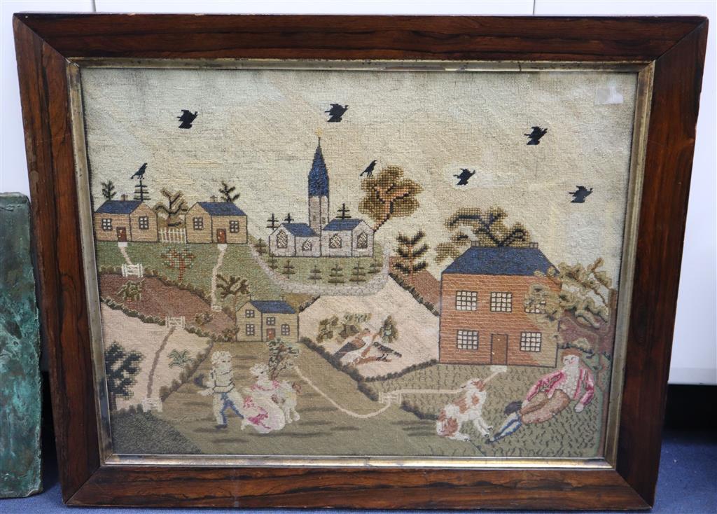 An early 19th century English petit point panel, 19 x 24.5in., in original rosewood frame